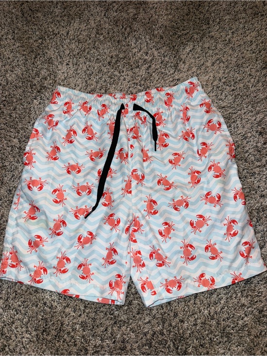 Other - Youth Sz 10 - Crab Print Swim Shorts - White & Light Blue with Red Crabs